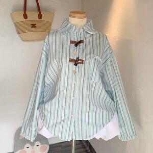 Blue Stripe Toggle Closure Ruffle Collar Shirt Top